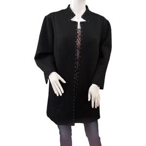ROZ & ALI Quilted Jacket 1X Black Studded Collar Long Sleeve Open Front‎ Coat